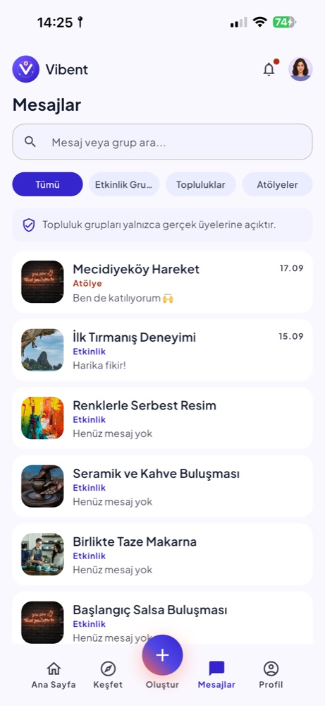 Etkinlik mesajları ekranı