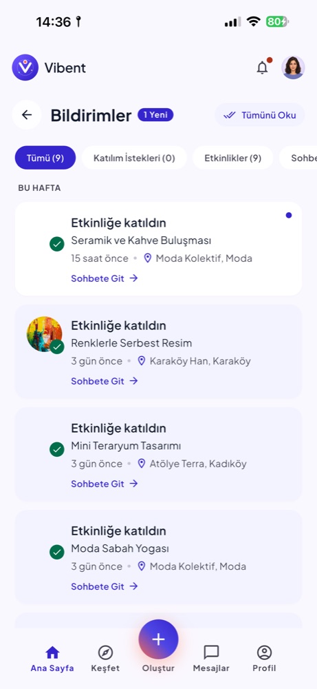 Vibent bildirimler ekranı